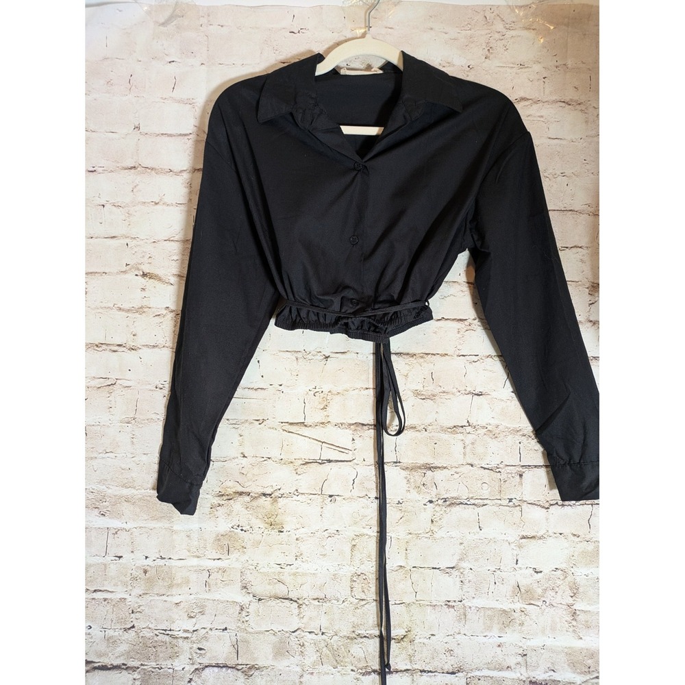 No Frills Los Angeles Crop Top Medium Black Tie Waist Tech Wear Asymmetric